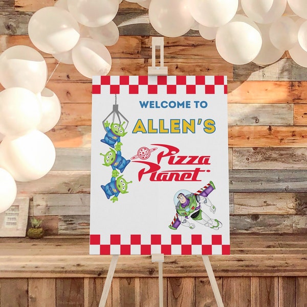 Cartel de bienvenida de Pizza Planet Toy Story, cartel de bienvenida digital de Buzz y Aliens