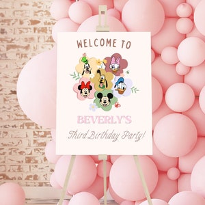 Minnie und Freunde Retro Geburtstag Willkommensschild, digitales und druckbares Mickey und Minnie Poster