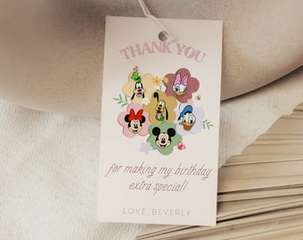 Editable Minnie and Friends Retro Birthday Thank You Tags, Printable Mickey and Minnie Thank you tags