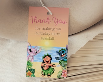 May include: Thank you for making my birthday extra special! A pink and white thank you card with a cartoon image of Stitch and Angel from the Disney movie Lilo & Stitch.