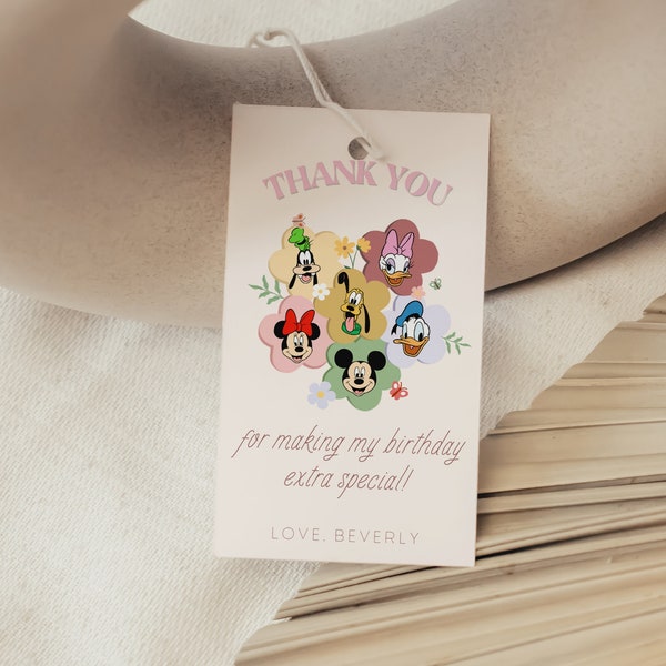 Tag di ringraziamento per compleanno retrò modificabili di Minnie e i suoi amici, tag di ringraziamento stampabili di Topolino e Minnie