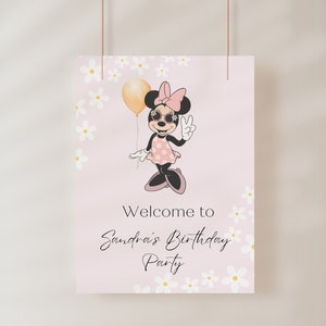 Minnie Maus Geburtstag Willkommensschild, bearbeitbares Minnie Willkommensplakat