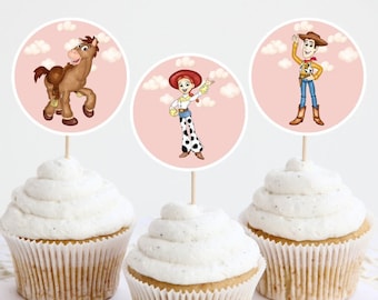 Pink Toy Story Cupcake Toppers, Printable Cupcake Topper, Jessie and Bullseye Birthday Decor