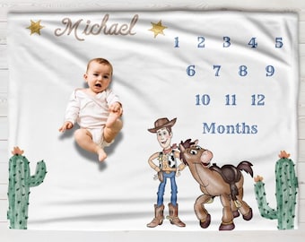 Plush Blanket, Woody and Bullseye Western Milestone Blanket, Toy Story, Baby Shower Gift, Nursery Decor, Newborn Photography Prop