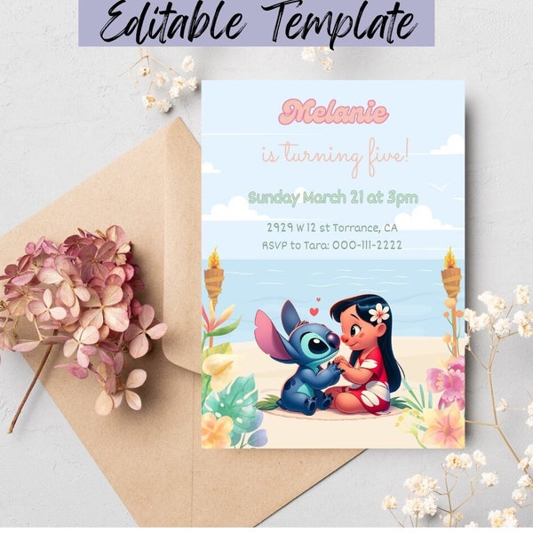 Lilo and Stitch Birthday Invitation, Digital and Printable Invite, Watercolor