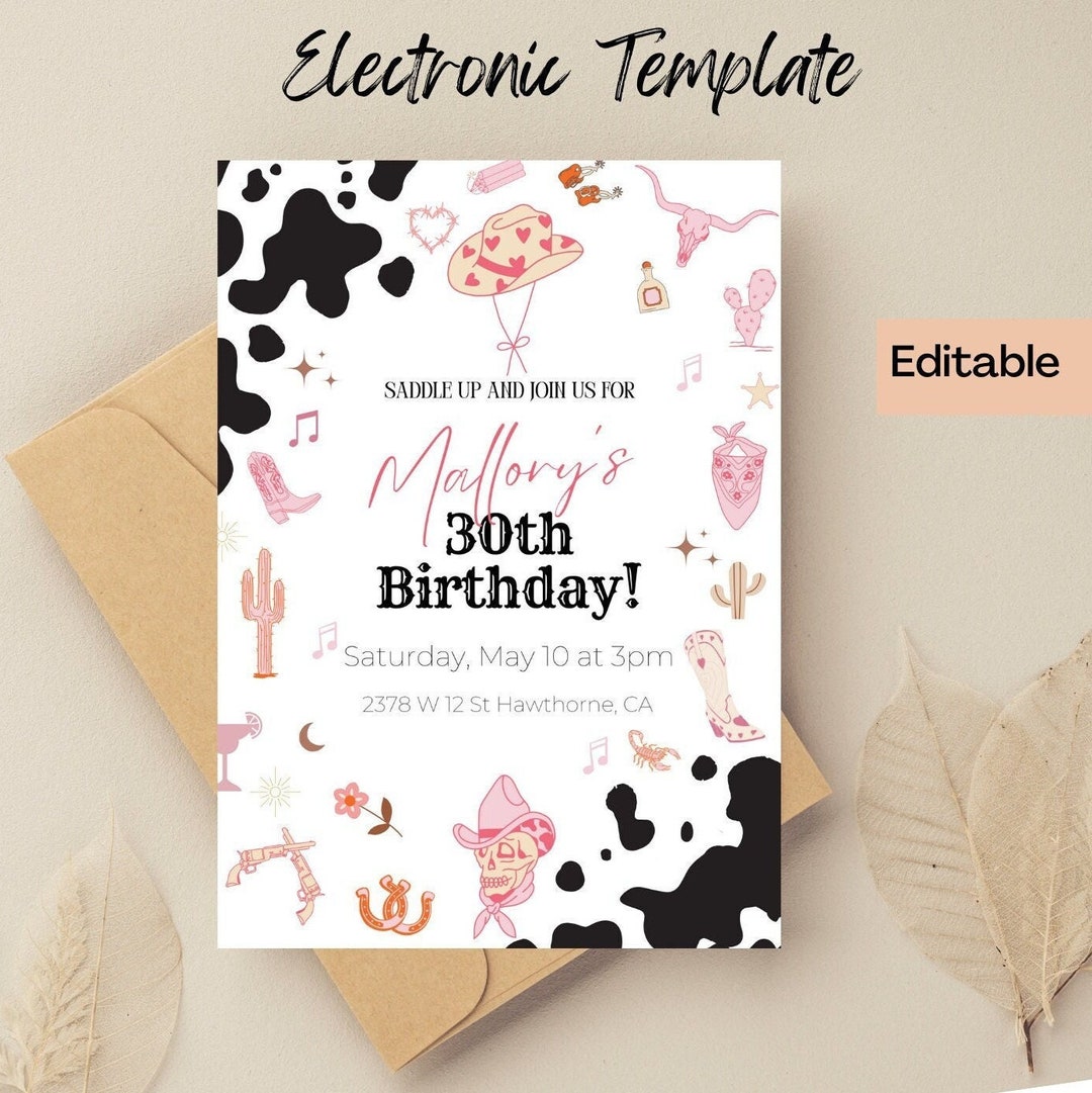 Retro Cowgirl Birthday Invitation, Pink Western Invite, Digital and Printable 30th Birthday ...