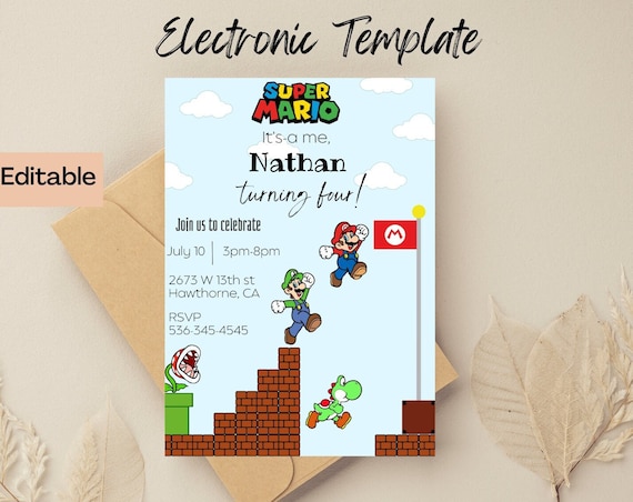 Super Mario Birthday Invitation, Digital and Printable Mario Invite, Mario and Luigi Editable Invitation
