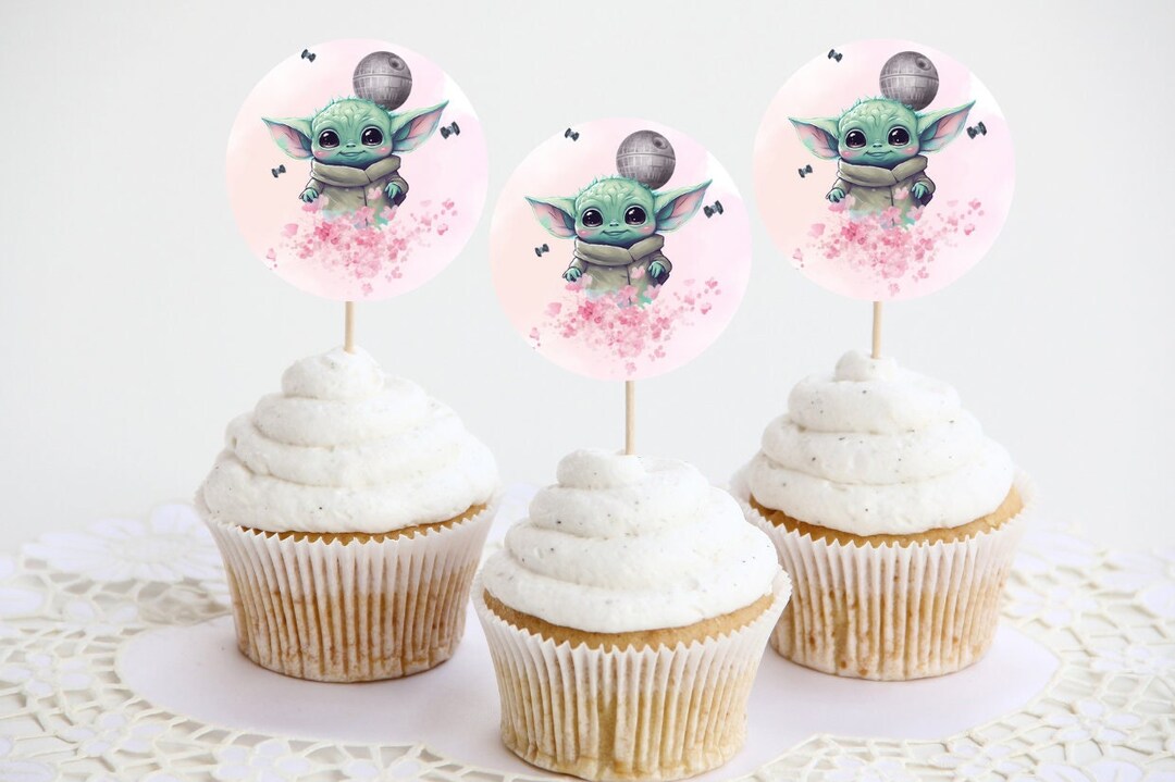 Pink Baby Yoda Cupcake Toppers, Grogu Printable Cupcake Topper, Star Wars Birthday Decor Etsy