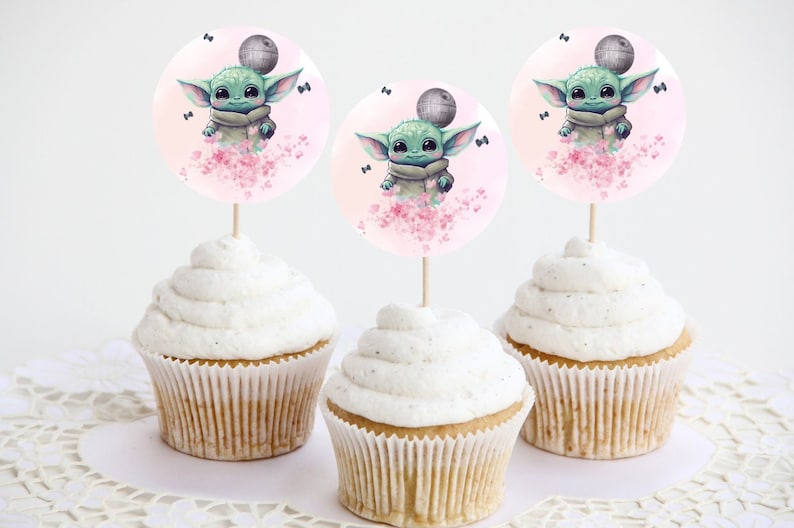 Pink Baby Yoda Cupcake Toppers Grogu Printable Cupcake Etsy