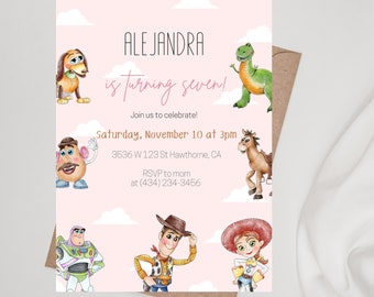 Invitación de cumpleaños de Toy Story rosa, digital e imprimible