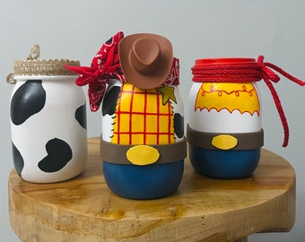 Toy Story Mason Jar Centerpieces, Party Decor, Bo Peep,Woody, Jessie, Alien, Buzz, Slinky, Ham, Clouds, Cow print