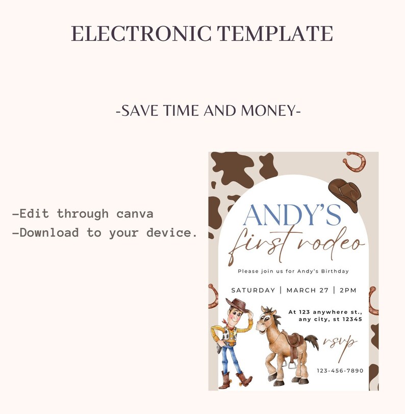 Woody First Rodeo Invite Cowboy Toy Story Birthday Invitation, Digital and Printable Woody and ...