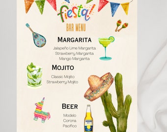 Può includere: Un modello di menu da bar per una festa colorato e stampabile con illustrazioni di una margarita, un mojito, birra, un sombrero, un cactus, una chitarra, maracas e una piñata. Il testo recita "fiesta! Bar Menu" e elenca diverse opzioni di margarita, mojito e birra.
