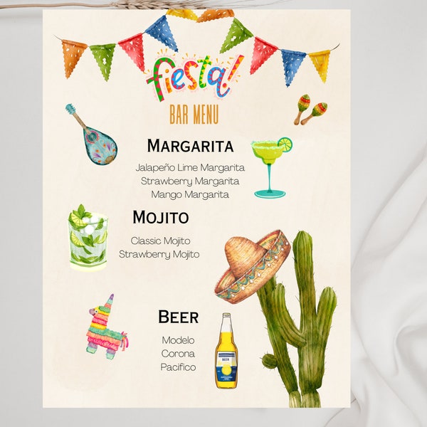 Fiesta Party Bar Menu, Watercolor Editable Bar Menu