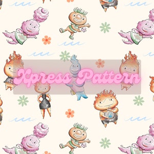 May include: A repeating pattern featuring whimsical cartoon characters with flame-like hair, cotton candy heads, and other unique designs. The characters are interspersed with flowers and wavy lines on a cream background. The text "Xpress Pattern" is overlaid.