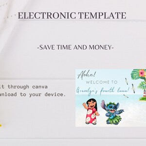May include: A digital printable sign with a blue, green, and white background featuring Stitch and Lilo from Disney's Lilo & Stitch. The sign says "Aloha! Welcome to Gracelyn's fourth luau!"