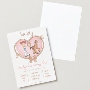 May include: A pink and brown birthday invitation with a cartoon illustration of a girl dressed as a cowgirl and a horse. The text on the invitation reads "howdy" and "Meliyah is turning three!" with details about the party.