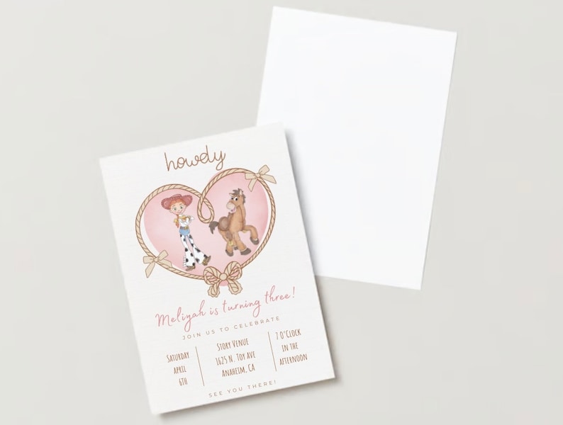 May include: A pink and brown birthday invitation with a cartoon illustration of a girl dressed as a cowgirl and a horse. The text on the invitation reads "howdy" and "Meliyah is turning three!" with details about the party.