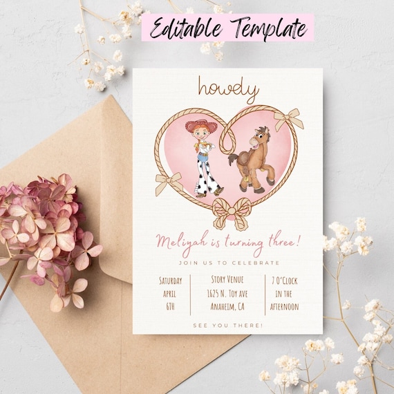 Pink cowgirl Birthday invite, Toy Story Birthday Invitation, Pink Toy Story Invite, Digital and Printable Jessie woody and bullseye
