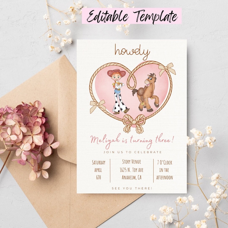 May include: A pink and brown printable birthday invitation with a cartoon image of a girl and a horse. The text on the invitation reads "howdy" and "Meliyah is turning three!" with details about the party date, time, and location.