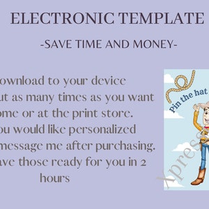 May include: A printable game featuring a cartoon image of Woody from Toy Story. The game is called "Pin the hat on Woody".