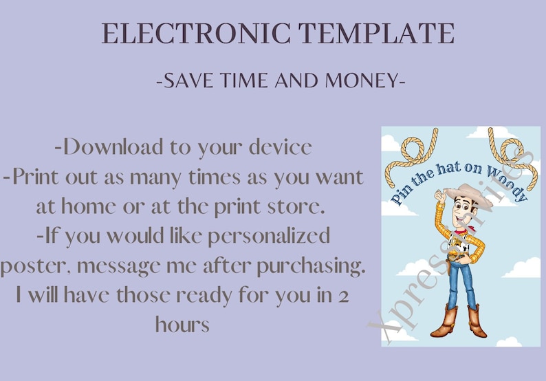 May include: A printable game featuring a cartoon image of Woody from Toy Story. The game is called "Pin the hat on Woody".