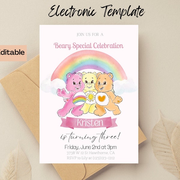 CareBear Birthday Invitation, Printable and Digital Care Bears Invite, Watercolor Pastel Colors