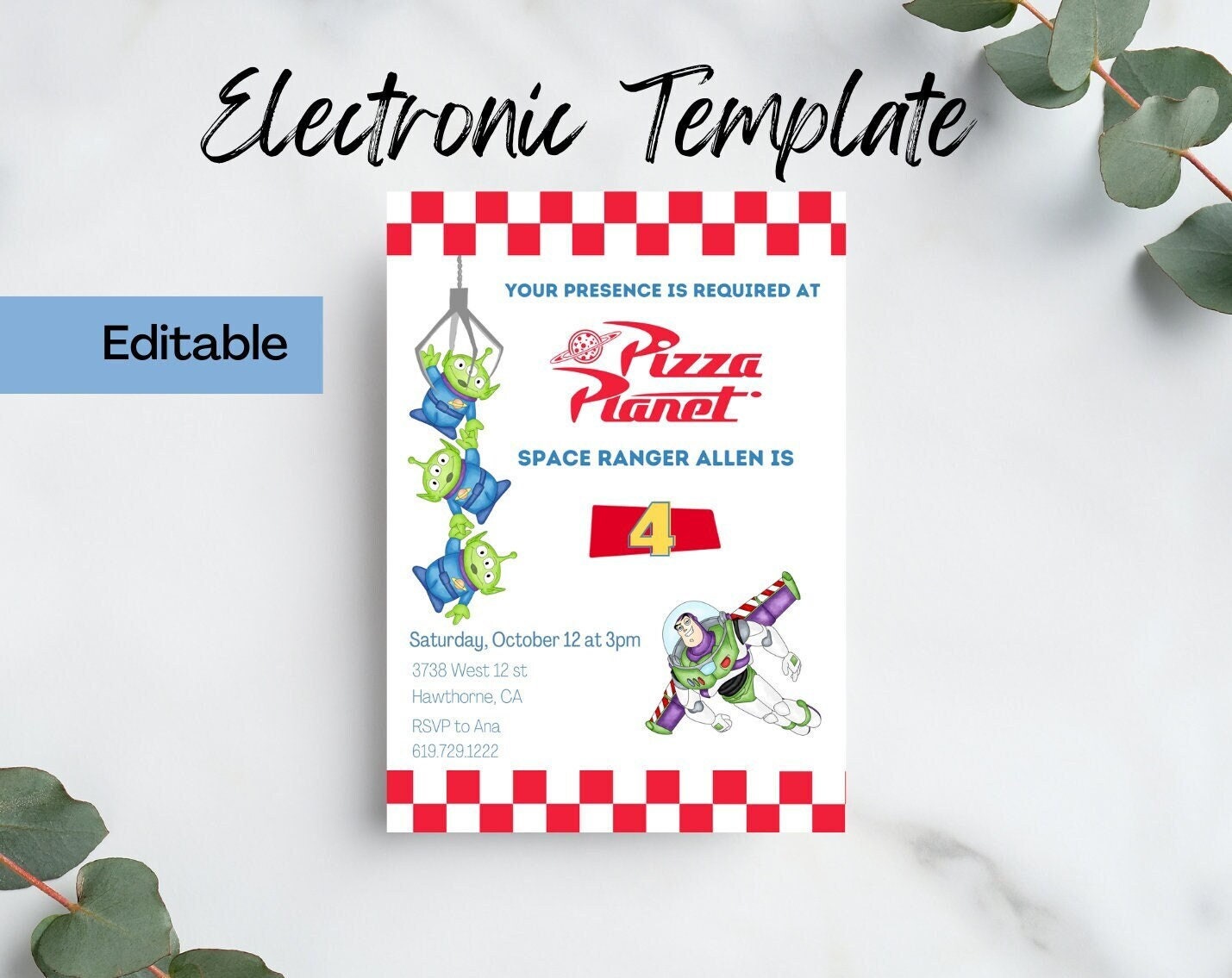 Editable Buzz Lightyear Pizza Planet Birthday Invitation, Digital and Printable Invite, Toy Story Pizza Planet