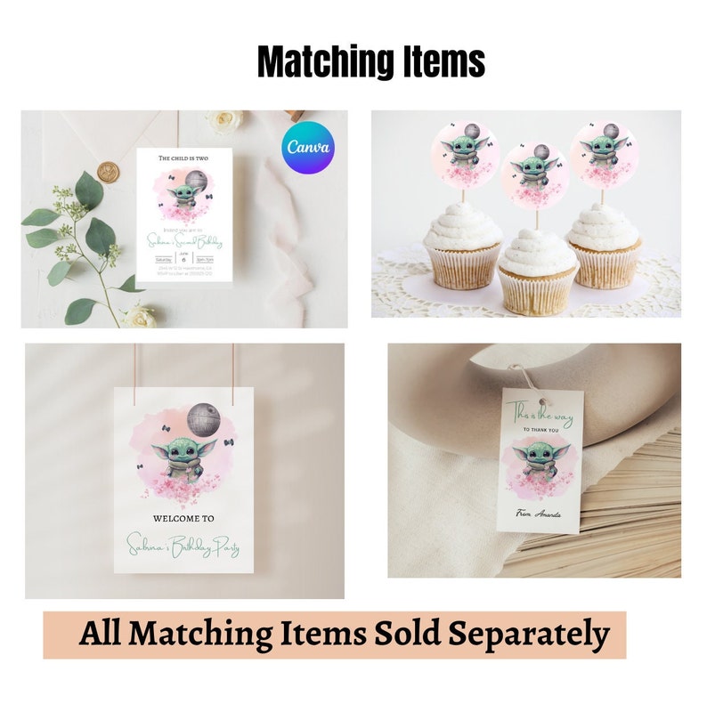 May include: A set of printable party decorations featuring a cute green alien character with big ears and a pink flower crown. The decorations include a welcome sign, cupcake toppers, and favor tags. The text on the welcome sign reads "Welcome to Sahna's Birthday Party". The text on the favor tags reads "This is the way to thank you."