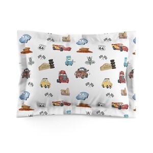 Vintage Cartoon Cars pillow sham | Retro Route 66 travel auto pattern image 2