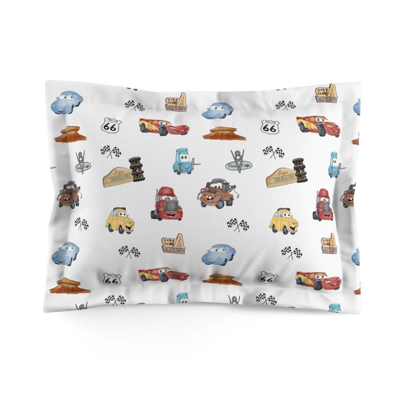 Vintage Cartoon Cars pillow sham | Retro Route 66 travel auto pattern image 2