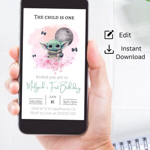 May include: A digital invitation for a first birthday party with a watercolor background featuring a cartoon character from Star Wars. The invitation includes the text "The Child is One", "Melyah's First Birthday", "Saturday, June 16, 3pm-7pm", "2345 W 12 St Hawthorne, CA", and "RSVP to Lilian at (310)123-1212".