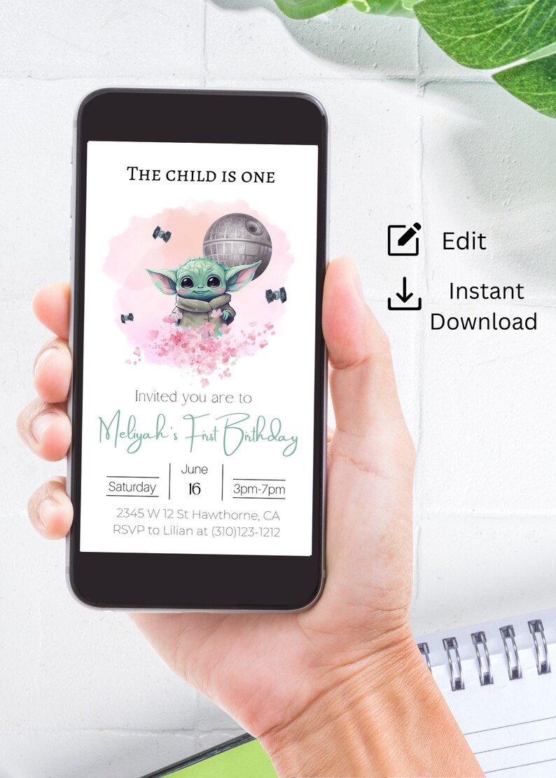 May include: A digital invitation for a first birthday party with a watercolor background featuring a cartoon character from Star Wars. The invitation includes the text "The Child is One", "Melyah's First Birthday", "Saturday, June 16, 3pm-7pm", "2345 W 12 St Hawthorne, CA", and "RSVP to Lilian at (310)123-1212".