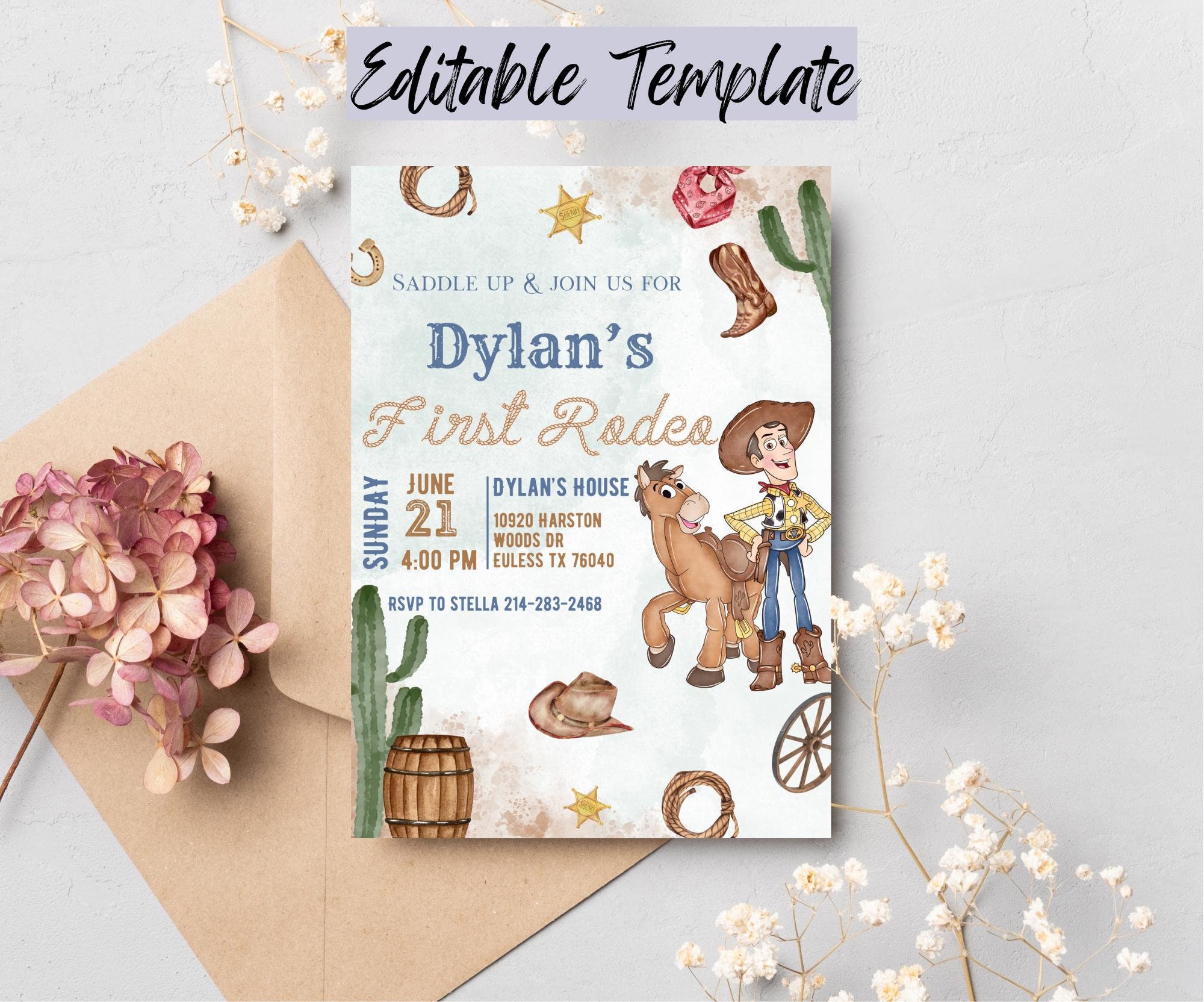 Woody First Rodeo Invite Cowboy Toy Story Birthday Invitation, Digital and Printable Woody and ...