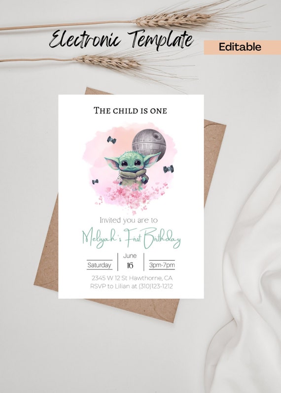 Baby Yoda Birthday Invitation for Girls, Pink Digital and Printable Invite, Watercolor Grogu Invite
