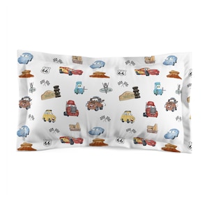 Vintage Cartoon Cars pillow sham | Retro Route 66 travel auto pattern image 1