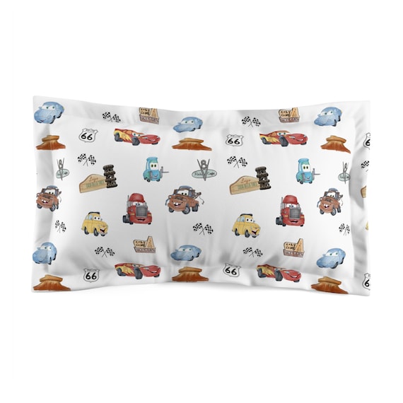 Vintage Cartoon Cars pillow sham | Retro Route 66 travel auto pattern