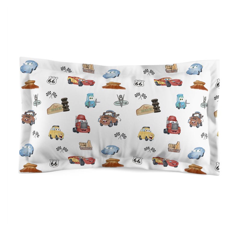 Vintage Cartoon Cars pillow sham | Retro Route 66 travel auto pattern image 1