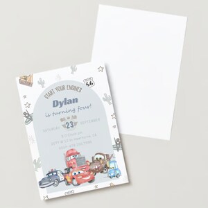 May include: A birthday invitation with a Cars theme. The invitation is decorated with a blue and gray circle with the text "Start Your Engines" and "Dylan is turning four!" The invitation also features a gray number 23, a gray star, and a gray cactus. The invitation is decorated with a gray and white pattern of stars, cacti, and cars. The invitation is for a party on Saturday, September 23rd at 3:00 PM. The address is 2577 W 12 St Hawthorne, CA. The RSVP number is 479-200-7995.