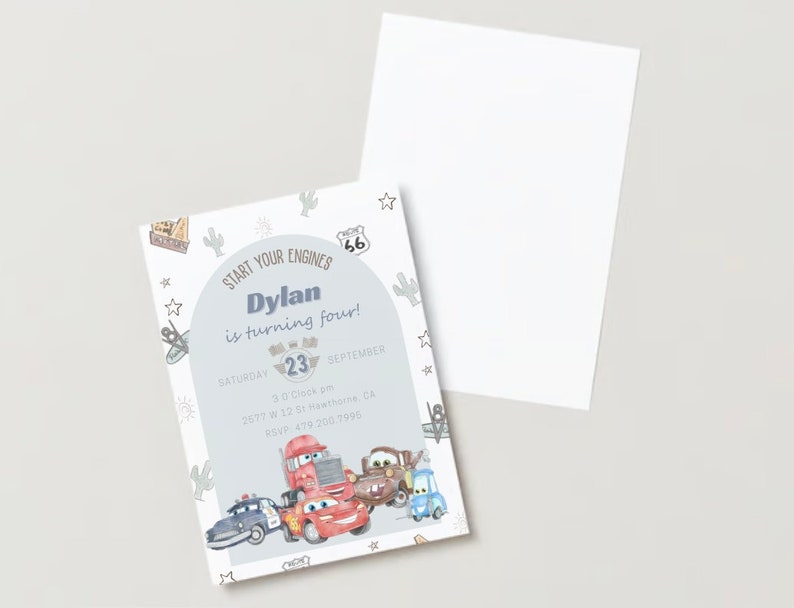 May include: A birthday invitation with a Cars theme. The invitation is decorated with a blue and gray circle with the text "Start Your Engines" and "Dylan is turning four!" The invitation also features a gray number 23, a gray star, and a gray cactus. The invitation is decorated with a gray and white pattern of stars, cacti, and cars. The invitation is for a party on Saturday, September 23rd at 3:00 PM. The address is 2577 W 12 St Hawthorne, CA. The RSVP number is 479-200-7995.