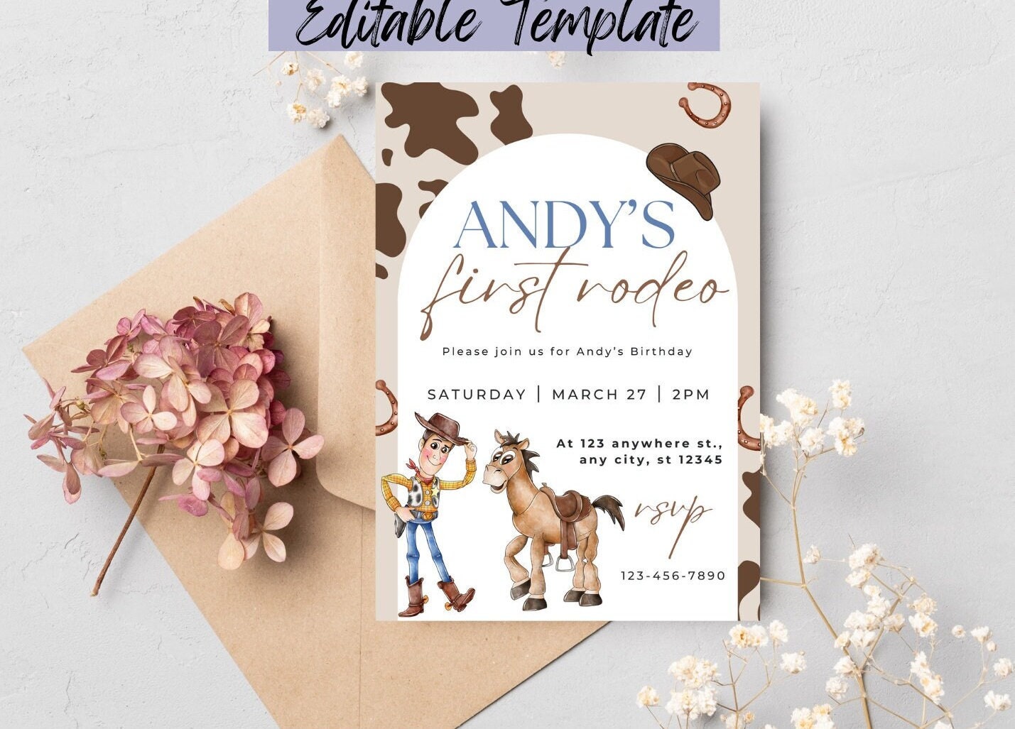 CowBoy Toy Story Birthday Invitation, Digital and Printable Woody and Bullseye Invite