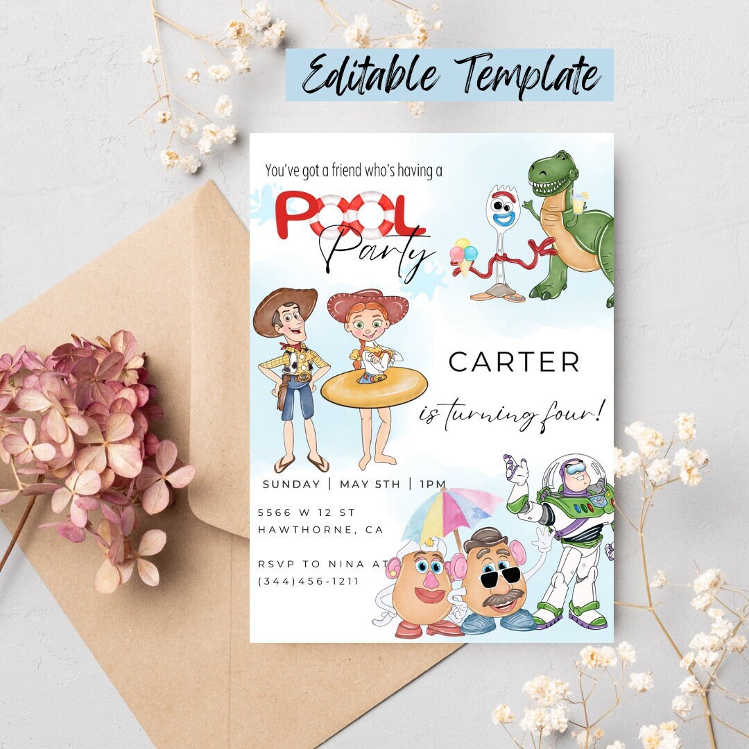 Digital and Printable Toy Story Pool Party Birthday Invitation, Digital