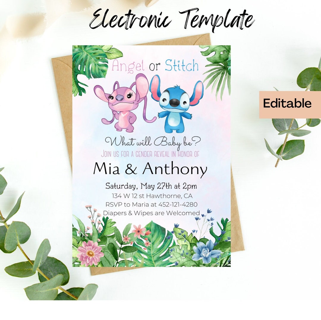 Angel and Stitch Gender Reveal Invitation, Digital and Printable Invite