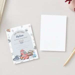 May include: A birthday invitation with a blue and gray background featuring a cartoon image of cars from the movie Cars. The text on the invitation reads "Start Your Engines! Dylan is turning four!" with a date and time for the party.