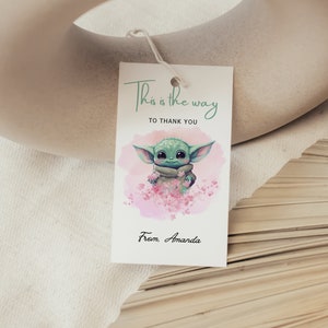Étiquettes de remerciement d'anniversaire de bébé Yoda en rose, étiquettes de remerciement imprimables Grogu, pour les filles