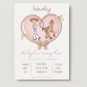 May include: A pink and brown cowboy-themed birthday invitation with a cartoon image of a girl and a horse. The text reads "howdy" and "Meliyah is turning three!" with details about the party date, time, and location.