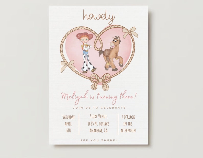 May include: A pink and brown cowboy-themed birthday invitation with a cartoon image of a girl and a horse. The text reads "howdy" and "Meliyah is turning three!" with details about the party date, time, and location.