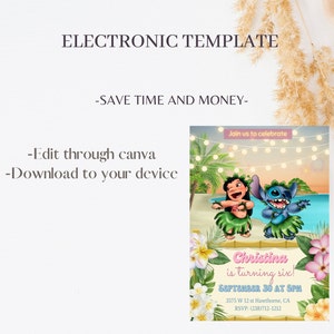 Peut inclure: Une invitation num&eacute;rique mettant en sc&egrave;ne Stitch et Lilo du film de Disney Lilo & Stitch. L'invitation est pour une f&ecirc;te d'anniversaire pour Christina, qui a six ans. L'invitation est d&eacute;cor&eacute;e de fleurs tropicales et de lumi&egrave;res. Le texte sur l'invitation se lit comme suit : "Rejoignez-nous pour c&eacute;l&eacute;brer Christina a six ans ! Le 30 septembre &agrave; 17h00 3575 W 12 st Hawthorne, CA RSVP : (238)712-1212"