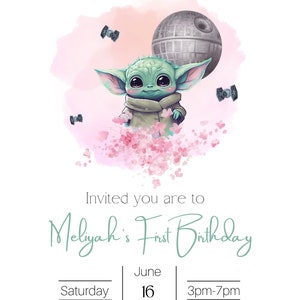 May include: A pink and green birthday invitation with a cartoon image of a green alien character with large ears. The text on the invitation reads "The Child is One" and "Meliyah's First Birthday". The invitation includes the date, time, and location of the party.