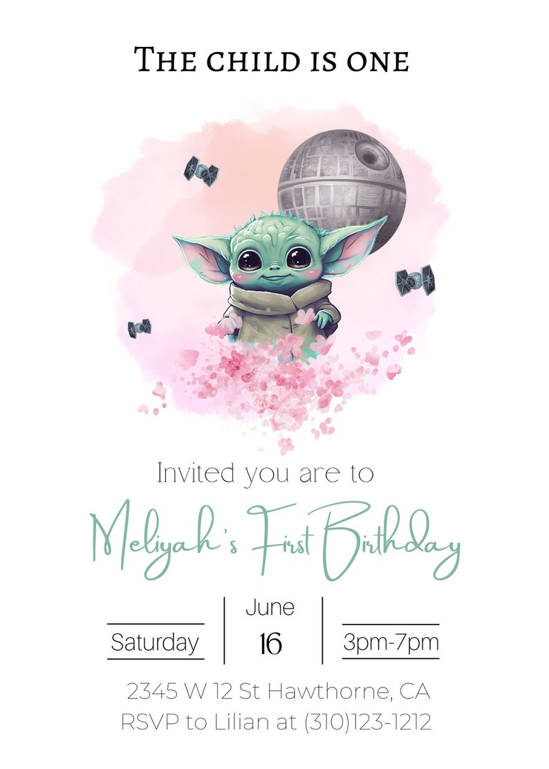 May include: A pink and green birthday invitation with a cartoon image of a green alien character with large ears. The text on the invitation reads "The Child is One" and "Meliyah's First Birthday". The invitation includes the date, time, and location of the party.
